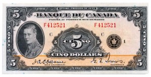 Canada 1935 5 Dollars –  Note Obverse