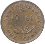 Newfoundland 1940 1 Cent – George VI Coin  (Small) Reverse